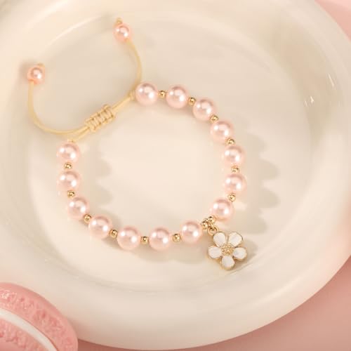 Flower Pearl Bracelet for Girls,Dainty Pearl Charm Bracelet for Flower Girl, First Day of School Birthday Jewelry Gift4