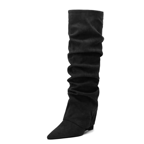 WAYDERNS Knee High Boots for Women Wedge Heel Slouchy Pointed Toe 4 Inch Pull on Tall Boots Comfortable Casual Work Party Fall Winter Shoes