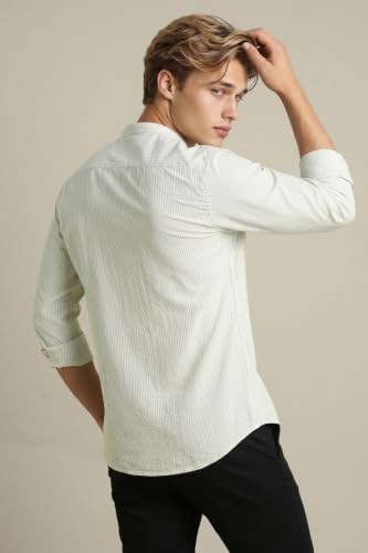 Image of Peter England Men's Casual Mandarin Collar Slim fit Full Sleeve Shirt in 100% Cotton Seersucker with Striped Design