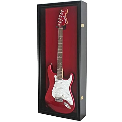 DisplayGifts 42" Electric Guitar Display Case Cabinet Shadow Box with Guitar Hanger Stand, Lockable UV Protection Red Color Felt Interior with Black Frame Cover