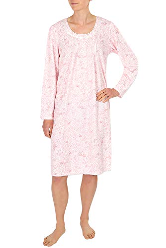 Miss Elaine Nightgown - Women's Short Brushed Back Honeycomb Knit Gown, Button Front and Round Neckline, Long Sleeves (Large, Pink Leaves/Taupe Birds)
