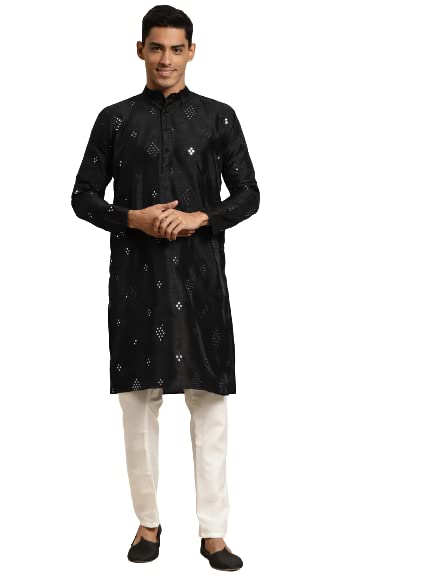 Image of SOJANYA (Since 1958 Men's Cotton Blend Navy Blue & Black Printed Kurta & White Churidar Pyjama Set