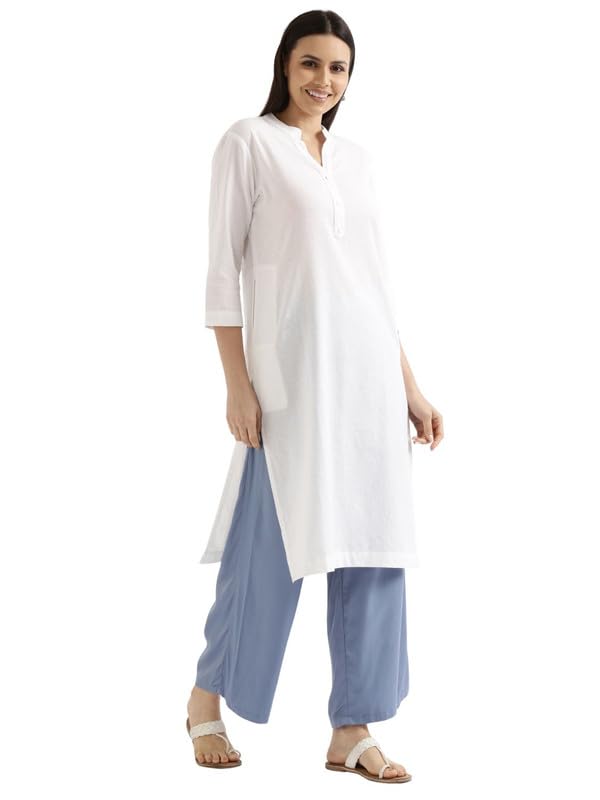 Image of SAADAA Women's Linen Blend Long Kurta with Viscose Palazzo Set | Straight Fit Kurta with Wide Leg Palazzo | Solid Ethnic Co-ord Set for Office & Casual Wear