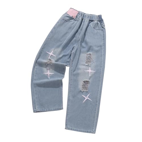 Girls' Jeans Elastic High Waist Wide Leg Baggy Denim Pants Bootcut Streetwear