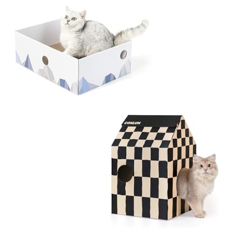 Conlun Cat Scratcher Box with Cat Scratching Pad, Cardboard Lounger Heavy-Duty Double-Sided Cardboard Cat Scratcher, Conlun Cardboard Cat House with Cat Scratch Pad&Catnip Cover