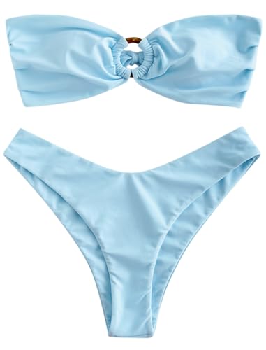 Image of ZAFUL Women's Bandeau Bikini O Ring Strapless Tie Back High Cut Two Piece Swimsuit Bathing Suits