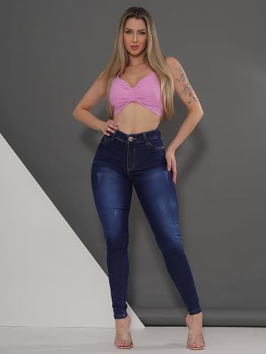 Calça Jeans Feminina Cintura Alta com Detalhes Escuro Tendência Premium Tamanho:44;Cor:Azul Escuro;G