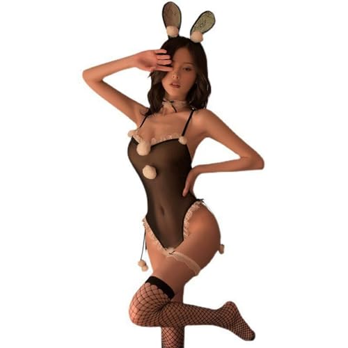 KFLY Sexy Bunny Girl Kostüm Damen Spitzen Body Einteiler Dessous Set Hasen Outfit Durchsichtig Cosplay für Halloween
