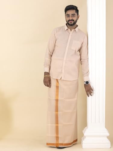Image of RAMRAJ COTTON Men Gold Tissue Jacquard Full Sleeves Shirt with Matching Dhoti Set