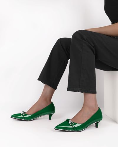 Women Green Kitten Pumps Low Heel Pointed Toe Shoes Ladies Trendy Classic Beaded Dressy Shoes for Event Party Green Patent Leather US Size 8.52