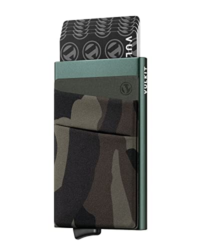 VULKIT Porte Carte Bancaire Homme avec Poche à Billets Porte-Cartes de Crédit RFID Securise Porte Carte Automatique Slim Porte Carte Métal pour 5-7 Cartes et Espèces (Camouflage Vert) Cover