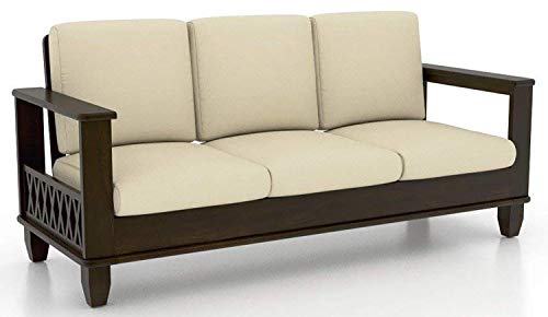 Image of Sheesham Wood Oak Finish 3+2+1, 6 Seater Sofa Set for Living Room with Cream Cushion (71 x 28 x 30 Inch, 2 Seater: 50 x 28 x 30 Inch, 1 Seater: 29 x 28 x 30 Inch)