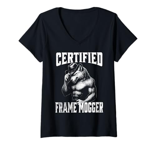 Women's Frame Mogging - Funny Cringe Alpha Wolf V-Neck T-Shirt