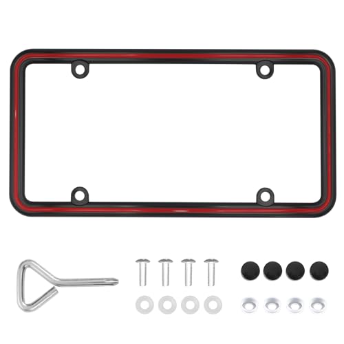 Hanwell Products 1pcs Heavy Duty Metal License Plate Frame Made of Zinc Alloy with 4 Holes License Plate Holder Never Rust and Unbreakable with Mounting Hardware Kit Screws Caps (BLK-Red)