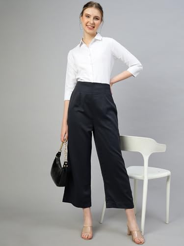 Image of FITHUB Women's High-Rise Cotton Blend Solid Pattern Stretchable Parallel Trouser /Regular Casual Wear Trousers /Straight Fit Solid Flat-Front Trousers