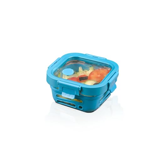 Image of GLASAFE Glass Lunch Box for Office w /t Air Tight Glass lid & Protective Silicone Sleeve | Tiffin Box for Men & Women | 100% Borosilicate Glass | Microwave & Dishwasher Safe | 320ml (Blue)