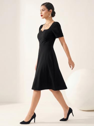 Image of Selvia Women's Black Puff Sleeve Square Neck Fit & Flare Midi Dress