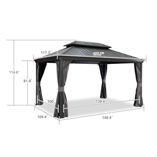 PURPLE LEAF 10' X 13' Hardtop Gazebo Aluminum Permanent Gazebo with Galvanized Steel Double Roof for Patio Lawn and Garden, Curtains and Netting Included, Grey - Image 4