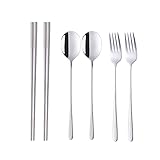 Buyer Star Stainless Steel Korean Chopsticks Spoons and Fork Set, 2 Pack Reusable Forks and Spoons Silverware Korean Utensil Set, Portable Utensils Dinnerware for Home (Silver)