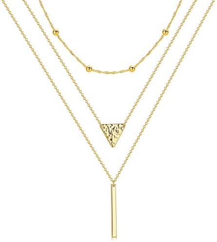 KISMIURRA Layered Gold Necklace for Women, 14K Gold Plated Y Pendant Necklace Bar Triangle Layering Necklace Trendy Adjustable Gold Choker Necklaces for women Teen Girls Jewelry