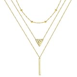 KISMIURRA Layered Gold Necklace for Women, 14K Gold Plated Y Pendant Necklace Bar Triangle Layering