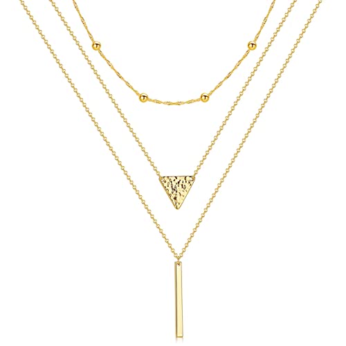 Kismiurra Layered Gold Necklace For Women, 14K Gold Plated Y Pendant Necklace Bar Triangle Layering Necklace Trendy Adjustable Gold Choker Necklaces For Women Teen Girls Jewelry #TOP2