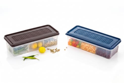 Image of MAGIC SPOON Multipurpose 3 Section Storage Container | Spice Box, Pickle Jar, Fridge Organizer, Dry Fruit, Vegetable & Kitchen Storage Container- Combo Pack (2000ml X 2) (BROWN-NAVY)