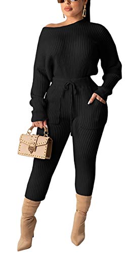 Molilove Womens Rib-Knit Pullover Sweater Top & Long Pants Set 2 Piece Outfits Tracksuit