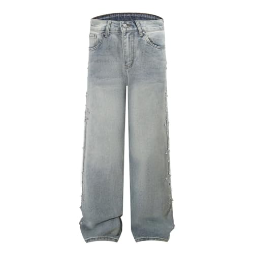 Men’s Niche Trendy Light Blue Loose Washed Jeans, Casual Heat-Melting Rhinestone Design Denim Pants