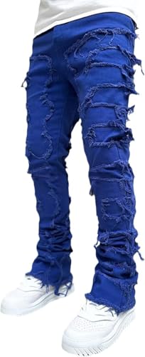 Men's Black Stacked Jeans Ripped Jeans Y2K Patch Distressed Destroyed Denim Trousers Streetwear Stacked Pants3