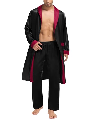 SWOMOG Men's Satin Robe with Pants Set Silky Kimono Bathrobe Lightweight Soft Sleepwear Loungewear