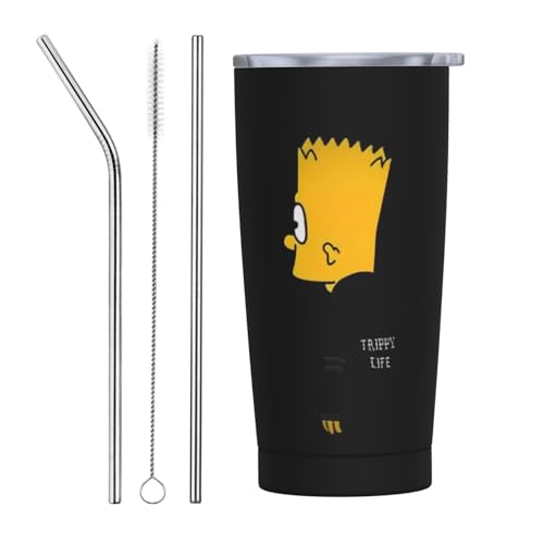 For ザ_シンプソンズ(1) ストロー&ストローブラシ付き マグカップ コーヒーカップ 600ML コンビニカップ タンブラー ステンレス製 保冷 保温 車用 蓋付き 持ち運び 水筒 大容量 Straw Three-piece Set