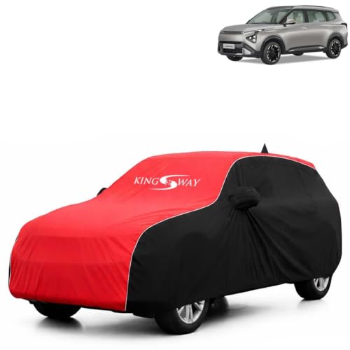 Image of KINGSWAY Super Waterproof Car Cover Only with Kia Carens Clavis EV (Year 2025 Onwards - All Model) | Mirror and Antenna Pockets | All Weather Car Body Cover with Silver Piping | Black Red