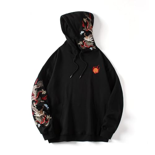 Niepce Inc Streetwear Men's Dragon Embroidered Heavyweight Graphic Hoodies (black-dragon, Large)