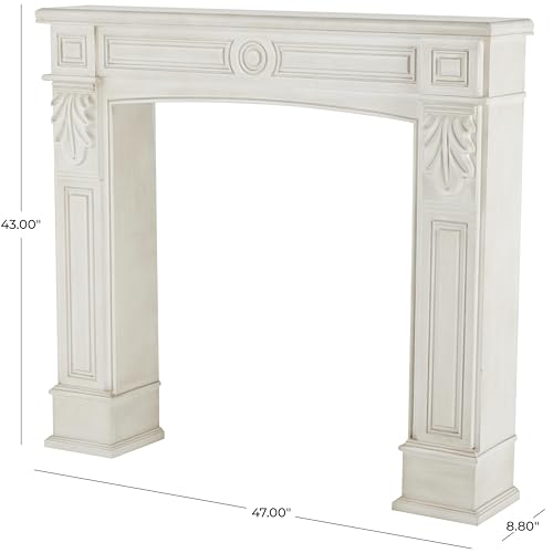 Image of Deco 79 Wooden Fireplace Mantle Freestanding with Leaf Accents, 47 inch x 9 inch x 43 inch, White