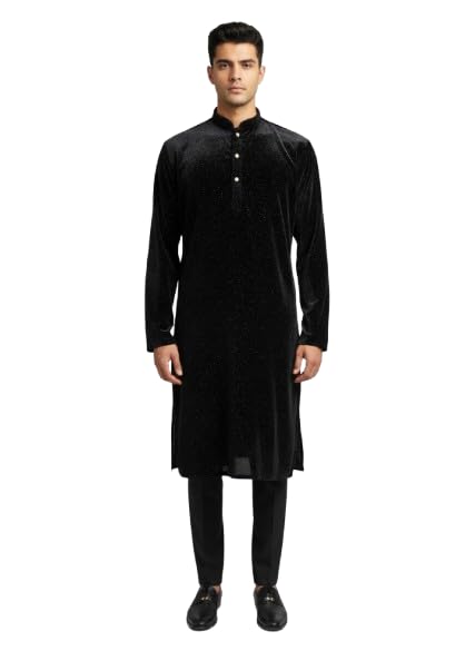 Sparkal Velvet Men's Kurta, Black, Long Sleeve, Mandarin Collar, Button Front-picture-59