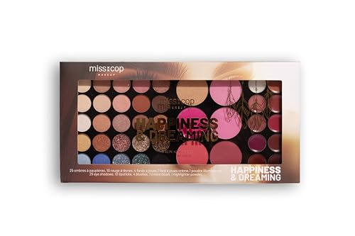 MISS COP MAKEUP - Happiness & Dreaming – Palette Maquillage Multi-Usages – 25 Fards à Paupières, 10 Rouges à Lèvres, 2 Illuminateurs, 2 Blushs Crème &...