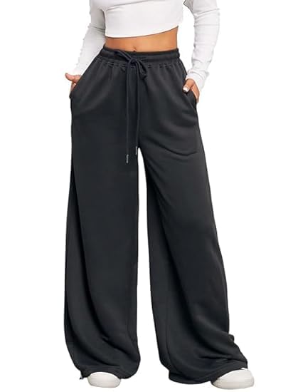 Image of Women's Wide Leg Sweatpants - High Waisted Baggy Joggers with Pockets, Oversized Cinch Bottom Lounge Pants, Cotton Blend Relaxed Fit Streetwear Trousers