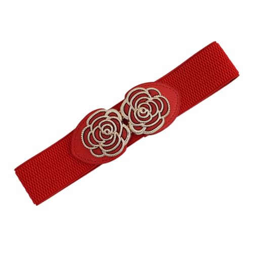 Women Belt for Jeans Dress Cinch Waist Belt for Ladies Faux Leather Belt with Gold Buckle Flower Elastic Waistband Girdle Decorative (Red)2