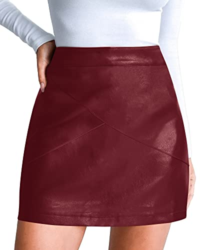 Image of MANGOPOP Women's Basic High Waist Faux Leather Bodycon Mini Pencil Skirt (Wine Red-1, X-Large)