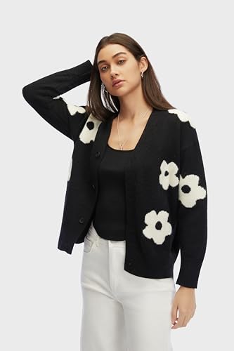 V Neck Cardigans for Women Trendy Button Down Knitted Floral Womens Cardigan Sweaters Loose Fall Winter Outfit Black4