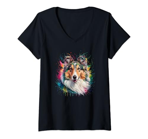 Mujer Hombres Mujer Colorido Acuarela Rough Collie Camiseta Cuello V