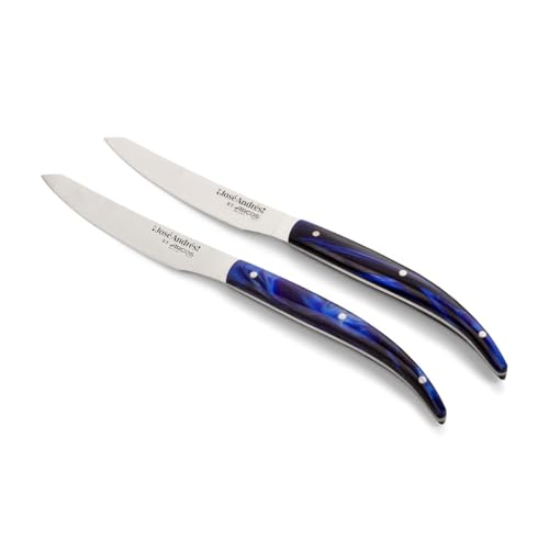 Arcos - Cuchillos Chef Jose Andres | Juego de 2 cuchillos para carne y carne de 4 pulgadas en acero inoxidable nitro. Mango ergonómico de mármol azul vanguardista