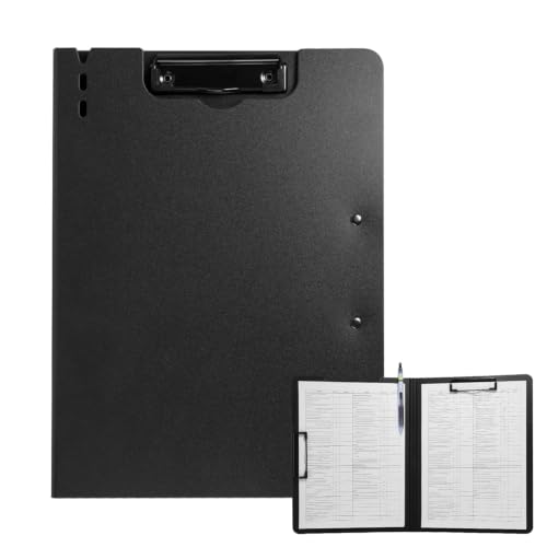 Image of A4 Double Clip Foldable Clipboard with Storage Compartment, Black Clipboard Folder with Dual Metal Clips, Horizontal & Vertical Design, Folding File Cover with Pen Holder for Office & School