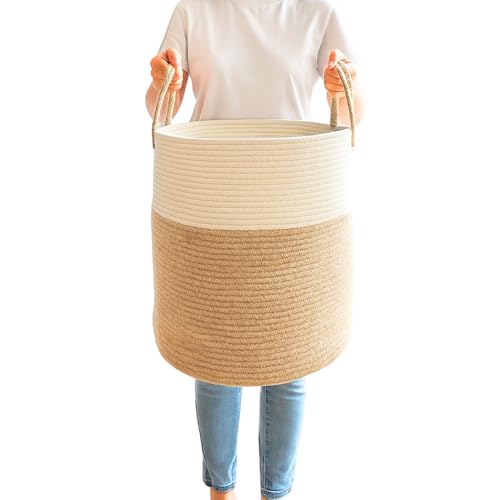 Image of Maxona Laundry Basket with Handles White, Brown Color 58L: 1 pack 15’’x20’’ Large Woven Cotton Rope Tall Nursery Hamper Storage Bag for Dirty Clothes Blanket Baby Kids Toy Living Room Towels Bin