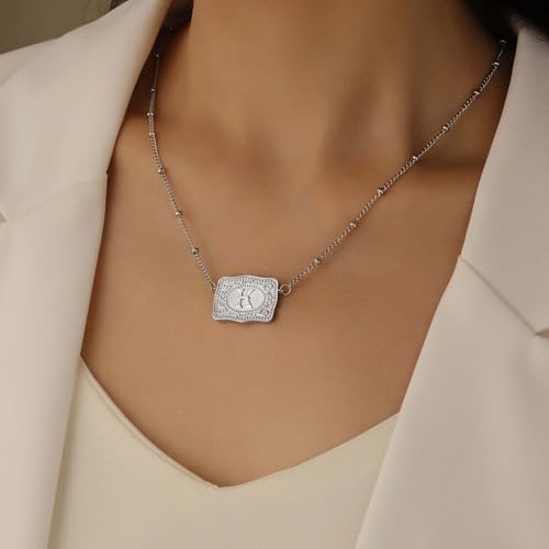 Gold Silver Initial Necklace for Women, 18K Gold Plated Mini Belt Buckle Initial Necklace, Letter A-Z Pendant Charm Necklace Unique Western Jewelry Gifts for Women Men4