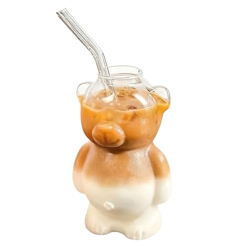taza de vidrio de oso – Vaso transparente con pajita, taza de vidrio en forma de oso para café, té con leche, bebidas heladas | taza para café, latte, batidos de chocolate