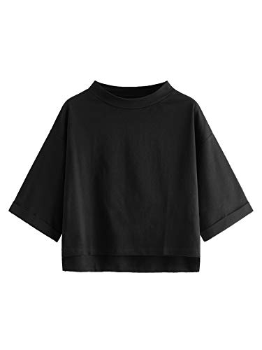 SweatyRocks Women's 3/4 Sleeve Mock Neck Basic Loose T-Shirt Elegant Top