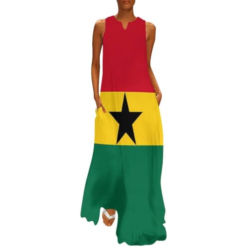 CONGIRLBOON Ghana Flags Summer Sleeveless Maxi Dresses for Women Flowy Beach Vacation Sundresses with Pockets XX-Large (xx_l)