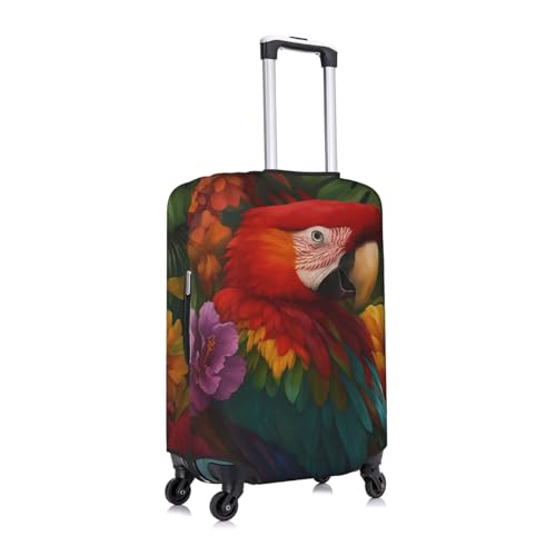 Image of Tropical Vibrant Parrot and Hibiscus Flowers Elasticity Luggage Protection Cover Travel Scratch Resistant Suitcase Covers Small (18-21 inch suitcase)